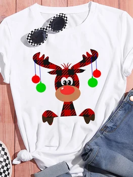 Футболка с изображением рождественской елки и лося, Рождественская мода, короткий рукав, повседневный стиль, футболки, Одежда, Женская одежда