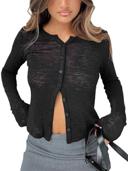 Женский кардиган на пуговицах с длинным рукавом, свитер, сплошной цвет, Открытая передняя часть, Повседневные трикотажные рубашки Slim Fit Y2K Fashion