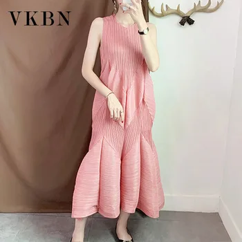 VKBN, Летние длинные платья для женщин, V-образный вырез, складки, ткань, без рукавов, V-образный вырез, Свободная талия, Плюс Размер, розовое вечернее платье с фонариком