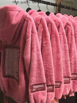 Женский свитер с утолщенной бархатной подкладкой, новинка осени/зимы, хит продаж, Свободное розовое плюшевое пальто средней длины из ягненка с капюшоном