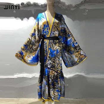 WINYI Черный Ретро Модный принт, Женская летняя одежда с поясом, платье-кимоно, Пляжная одежда, Купальный костюм, праздничный кафтан