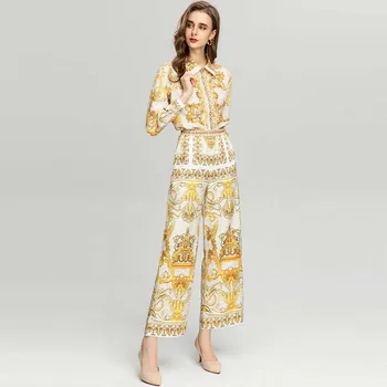 Janeyiren/ Модные подиумные осенне-зимние брюки для женщин, винтажная рубашка с лацканами и принтом с длинным рукавом + брюки с высокой талией, комплект из 2 предметов
