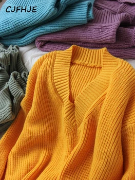 CJFHJE, базовые зимние свитера, Женский джемпер оверсайз с V-образным вырезом, Фиолетовые Свободные Свитера, Вязаный теплый Пуловер, Женский свитер Оверсайз