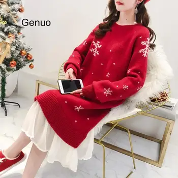 Вязаное платье в корейском стиле, платье-свитер с круглым вырезом в виде снежинок, облегающие платья 2020, Новая модная одежда для женщин