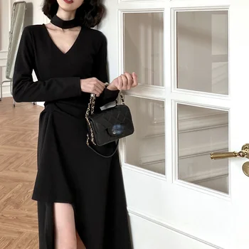Новое Черное трикотажное платье с разрезом с нерегулярным вырезом, женское осенне-зимнее платье с V-образным вырезом и длинным рукавом, закрывающее талию, тонкое платье