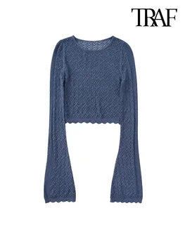 TRAF Женский модный укороченный вязаный свитер Pointelle, Винтажные пуловеры с круглым вырезом и длинным рукавом, шикарные топы