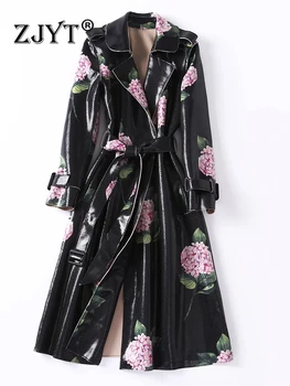 ZJYT, Осенне-зимний кожаный тренч с цветочным принтом для женщин, Новинка 2023 года, Отложной воротник, черная Длинная ветровка, верхняя одежда