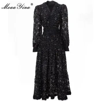 Модное дизайнерское платье MoaaYina, Весеннее Женское платье с V-образным вырезом и рукавами-фонариками, Аппликации, Черные винтажные вечерние платья