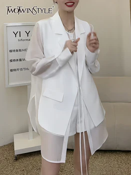 TWOTWINSTYLE Корейское модное прозрачное пальто для женщин с зубчатым воротником и длинным рукавом, однотонные минималистичные блейзеры на шнуровке, Женская одежда, Новинка