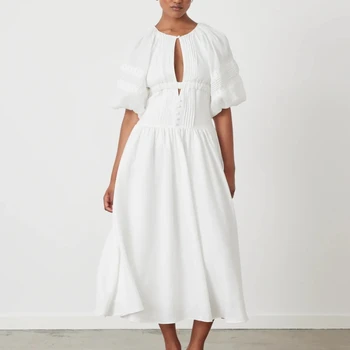 2023 Летние высококачественные женские модные Бело-серые однотонные темпераментные платья Prairie Chic с рукавом-фонариком до середины икры