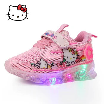 Детские Светящиеся кроссовки Hello Kitty со светодиодной подсветкой Для Девочек с Героями Мультфильмов, Спортивная Повседневная Обувь, Сетчатая Летающая Тканая Светящаяся Обувь, Детская Обувь