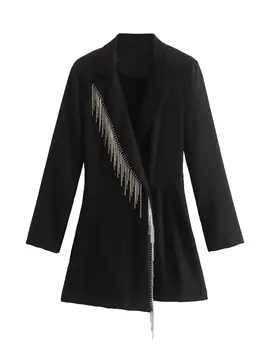 Демисезонный женский Черный костюм с длинным рукавом и воротником, блестящий костюм с кисточками, Стиль куртки, Комбинезон, модное платье
