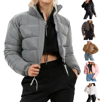 Модная Верхняя одежда, женское короткое пуховое пальто, зимнее теплое пальто с воротником-стойкой