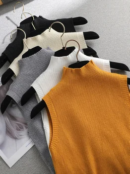 Осень ВЕСНА 2021, Однотонный элегантный Свитер без рукавов, Пуловеры, Женская водолазка, модный женский базовый свитер, вязаные Джемперы, топ