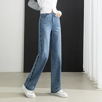 Синие джинсы с вышивкой, женские Брюки прямого кроя, длинные Контрастные цвета, облегающие Свободные брюки по щиколотку, Укороченные, выстиранные
