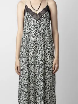 Женское платье Миди с кружевной строчкой и цветочным принтом, лето 2023, 100% Вискоза, без рукавов, с V-образным вырезом, Сексуальные женские халаты-слинги