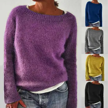 Женский свитер с мягким Круглым вырезом, сохраняющий тепло, С длинными рукавами, Зимний Пуловер, Вязаная однотонная одежда для отдыха