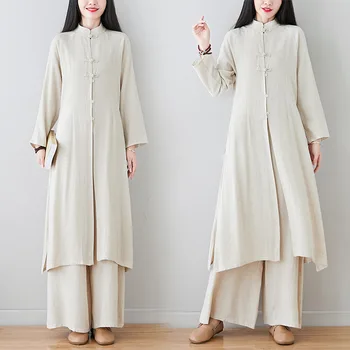 Весенне-осенняя одежда для чая из хлопка и льна с длинным рукавом, костюмы в буддийском китайском стиле для женщин, униформа для кунг-фу