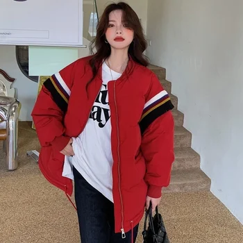 Стильная Женская легкая корейская куртка, Свободная короткая верхняя одежда Большого Размера, бейсбольное пальто на утином пуху с оборками на рукавах
