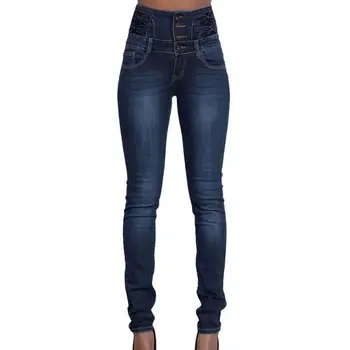 Женские джинсы с высокой талией, множеством карманов, Сексуальные Многобортные эластичные джинсовые брюки, Брюки