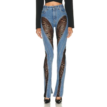 Прозрачные узкие джинсы с высокой талией, сшитые из спирального кружева, сексуальные и модные y2k, цветные обтягивающие женские брюки с блокировкой, новинка 2023 года