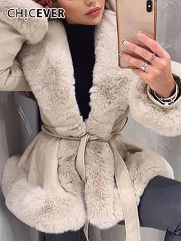 Женское пальто из искусственной кожи в стиле пэчворк CHICEVER с V образным вырезом и длинным рукавом, на шнуровке, для похудения, пальто с цветными блоками, женская зимняя одежда