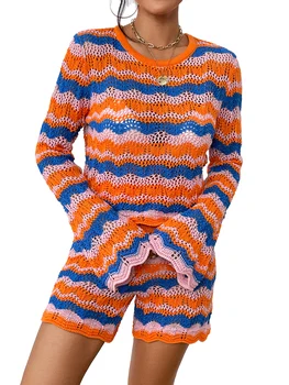 Женский красочный комплект шорт, связанных крючком, Шорты, костюм из двух предметов, Осенний комплект вязаных свитеров с длинным рукавом, сетчатые комплекты