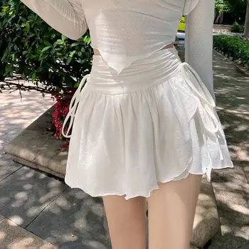 Сексуальная Милая Белая мини-юбка Для женщин Со складками на шнурке, Высокая талия, Нерегулярные короткие юбки в стиле пэчворк с рюшами, платье Mori Girl на шнурке