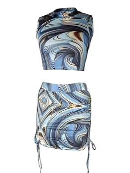 Женский комплект летней юбки Y2K с галстуком-красителем из двух частей Для девочек, Сексуальные Топы в стиле Пэчворк с бретельками на шее, Облегающая Юбка Трапециевидной формы, Уличная одежда из 2 предметов (синий