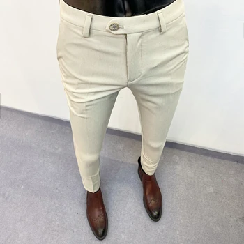 Мужские брюки в британском стиле 2023, модный деловой комплект, Мужские простые однотонные высококачественные облегающие офисные официальные брюки