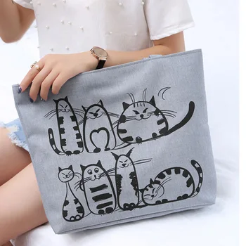 Женская холщовая сумка с милым рисунком кота на молнии, повседневная сумка-тоут для покупок NIN668