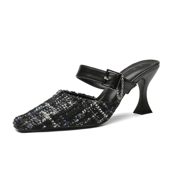 H398-20 Тканые босоножки на высоком каблуке с квадратным носком; женская весенне-летняя новая женская обувь на высоком каблуке с поясом в одну линию, наполовину прикрытая носком