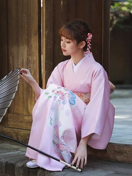 Женское Традиционное Кимоно в Японском Стиле Розового Цвета С Цветочным Принтом, Юката, Одежда Для Косплея, Костюм Для Выступлений, Платье Для Фотосъемки