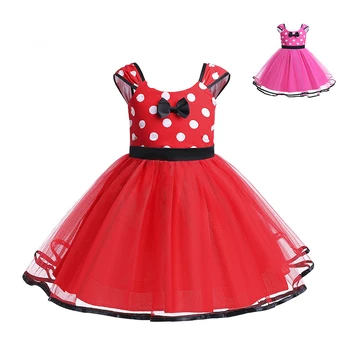 Детское платье принцессы с Минни Микки Маусом, Сетчатое газовое платье с помпоном, милый волнистый бант в горошек для девочек, платье для выступлений