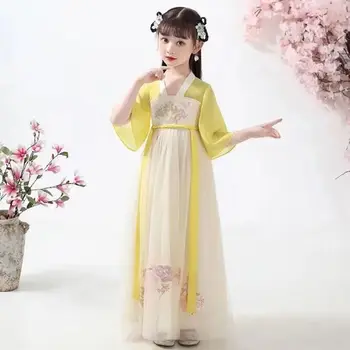 Детский костюм принцессы Феи в традиционном китайском стиле, весенне-осеннее детское желтое платье Hanfu