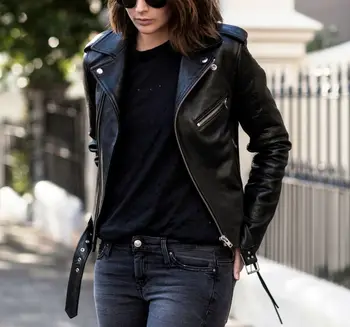 Женские черные куртки из натуральной овечьей кожи, байкерское мотоциклетное пальто из натуральной мягкой кожи