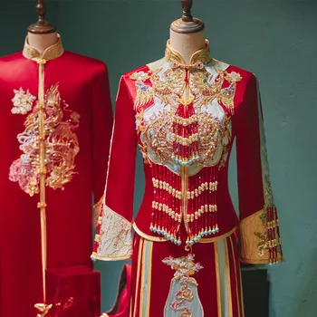Китайское Свадебное платье с вышивкой Феникса, Ципао, расшитое бисером и кисточками, Свадебный костюм Восточной Невесты, одежда для Жениха