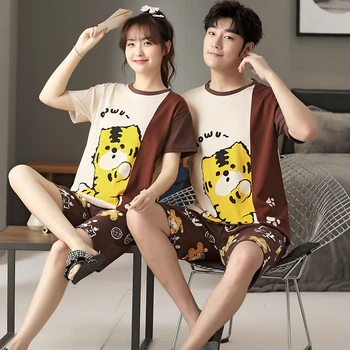 2 шт., летние комплекты пижам для пары, Женская пижама из хлопка с корейским рисунком, Мужская пижама с милым тигром для влюбленных, ночное белье