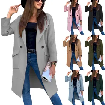 Повседневные пальто и куртки средней длины, женские оверсайзы, Новинка 2022 года, осенне-зимняя модная однотонная твидовая куртка с длинными рукавами, женская