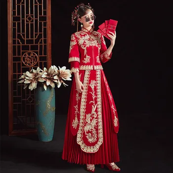 Свадебный Костюм Ципао Чонсам Невесты В Винтажном китайском стиле С традиционной Вышивкой Красного Королевского Феникса Костюм Тан