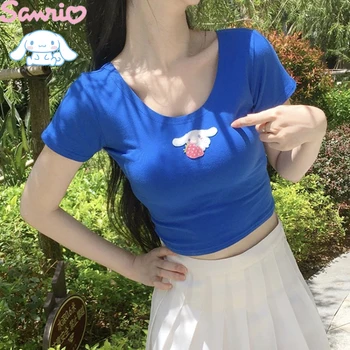 Kawaii Sanrio Cinnamoroll, тонкая сексуальная футболка, летняя уличная мода, повседневные топы с вышивкой из мультфильмов Аниме, короткий рукав, круглый вырез