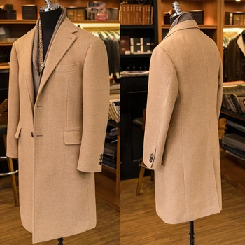Классическое шерстяное пальто в английском стиле цвета Шампанского, Мужское Толстое Однобортное пальто длинной длины, сшитое на заказ, Повседневная зимняя теплая куртка