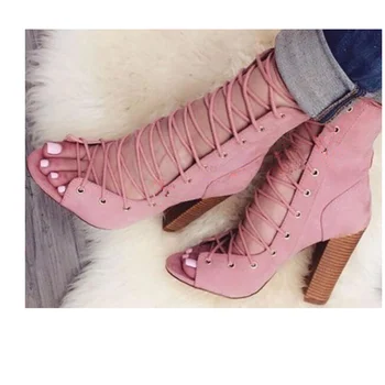Женские босоножки на шнуровке с открытым носком, замшевые кожаные ботильоны-гладиаторы, Женские туфли на высоком квадратном каблуке с ремешком на щиколотке, Женская обувь на высоком каблуке