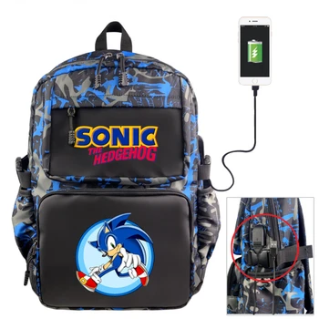 Школьная сумка с периферийным принтом в стиле аниме Sonic, модный камуфляжный рюкзак с USB-кабелем для передачи данных Большой емкости, Водонепроницаемый студенческий рюкзак