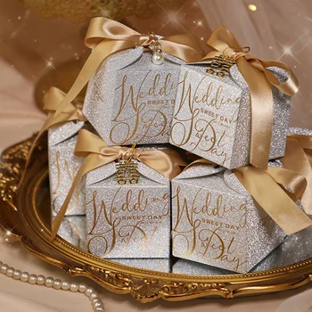 20 шт., коробка для свадебных конфет и драже с жемчужной лентой, Подарочная коробка для шоколада, Высококачественная Блестящая подарочная коробка для Крещения