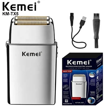 Kemei Km-TX5 с Цельнометаллическим корпусом, Серебристая Электробритва для мужчин, заряжаемая через USB, Для Бритья Бороды, Лысины, Поршневая Бритвенная машина