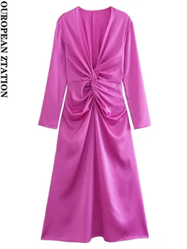 PAILETE Женское модное атласное платье миди с узлом спереди 2023, винтажные женские платья с v-образным вырезом и длинным рукавом, vestidos mujer