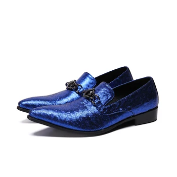 Оригинальные Синие туфли для выпускного вечера в ночном клубе, Модные вечерние туфли с металлическим украшением большого размера, мужские туфли для вечеринок в британском стиле из натуральной кожи