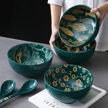 Бытовая креативная миска для рамена в японском стиле, керамическая большая миска для микроволновой печи, посуда для супа с тиснением, миска для лапши, большая миска