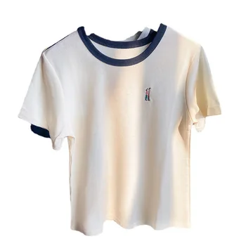 J035, женская летняя футболка с коротким рукавом абрикосового цвета 2023, новый дизайн, тонкая футболка с вышивкой sense
